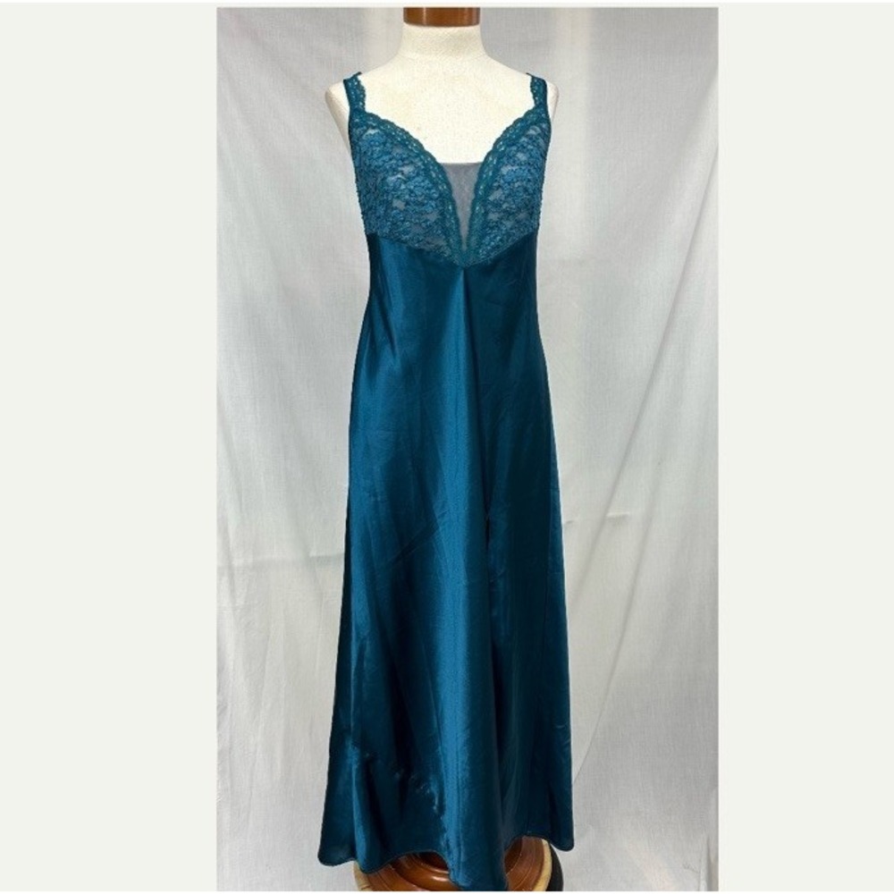 Vintage Victoria's Secret L Gold Label Blue Green Satin Lace Slip Nightgown Maxi